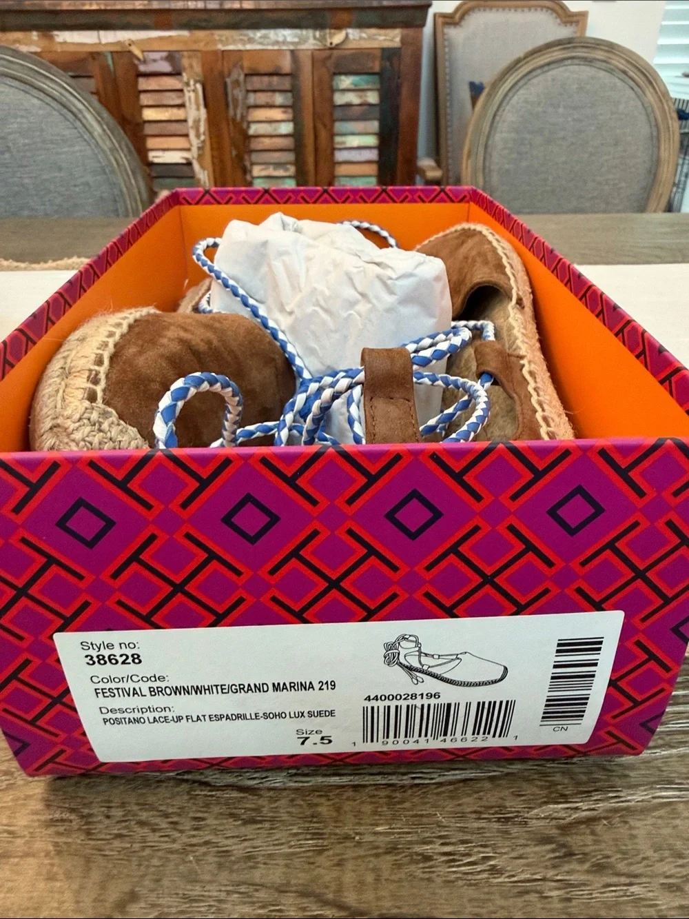 Tory Burch Brown Espadrille Lace-Up Flats with Blue & White Laces